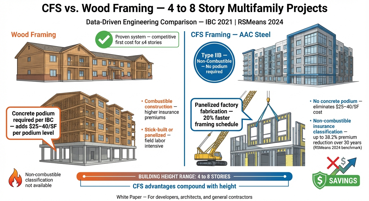 Cold-Formed Steel vs. Wood Framing: Engineering & Cost Analysis for 4–8 Story Multifamily